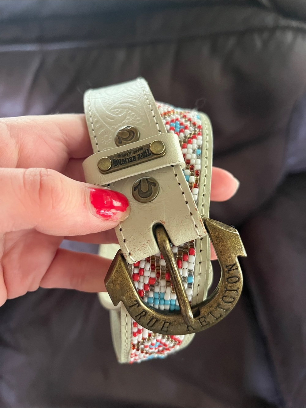 True Religion Cream Leather Belt with Multicolor Beadwork
